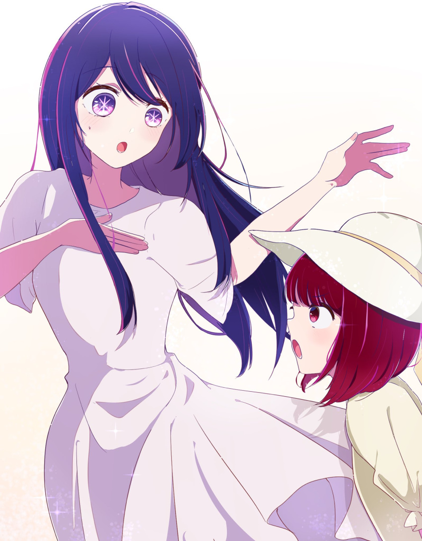 2girls :o \||/ arima_kana bob_cut commentary dress english_commentary hand_on_own_chest hat highres hoshino_ai_(oshi_no_ko) inverted_bob long_hair medium_hair multiple_girls no_pupils open_mouth oshi_no_ko purple_eyes purple_hair red_eyes red_hair risdelusions short_sleeves sidelocks simple_background sparkle star-shaped_pupils star_(symbol) sun_hat sweatdrop symbol-shaped_pupils white_background white_dress white_headwear