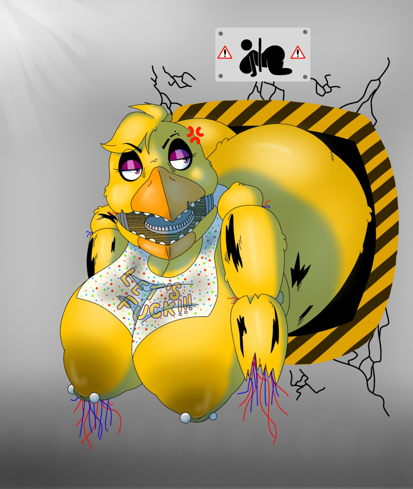 angry animatronic anthro avian beak bib big_breasts big_butt bird breasts butt chicken exposed_endoskeleton eyelashes eyeshadow female five_nights_at_freddy's five_nights_at_freddy's_2 galliform gallus_(genus) head_feathers head_tuft hi_res huge_breasts huge_butt machine makeup nipple_piercing nipples phasianid piercing purple_eyes purple_eyeshadow raul_maduro robot scottgames solo stuck tuft wire withered_chica_(fnaf) yellow_body