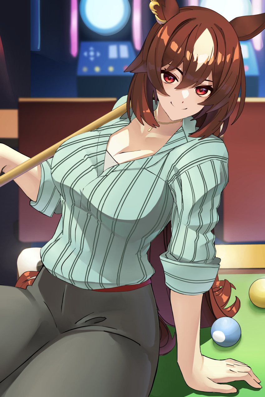 1girl animal_ears arcade_cabinet ball bar_(place) billiard_ball billiards blue_hair breasts brown_hair closed_mouth collared_shirt commentary_request ear_ornament grey_pants hair_between_eyes highres horse_ears horse_girl horse_tail indoors jewelry large_breasts light_blue_hair long_hair long_sleeves looking_at_viewer necklace official_alternate_costume on_table pants pool_table red_eyes reibun_(raven1119) shirt sirius_symboli_(umamusume) sleeves_rolled_up smile solo striped striped_shirt table tail umamusume very_long_hair