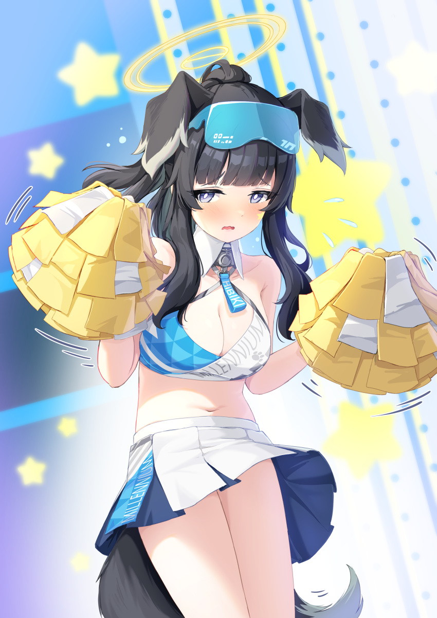 1girl absurdres animal_ears bare_shoulders black_hair blue_archive blue_eyes blunt_bangs blush bow breasts cheerleader cleavage collarbone commentary cowboy_shot crop_top fake_animal_ears halo hibiki_(blue_archive) hibiki_(cheer_squad)_(blue_archive) highres holding long_hair looking_at_viewer medium_breasts midriff miniskirt nabe-san navel open_mouth pleated_skirt pom_pom_(cheerleading) ribbon shirt skirt solo standing star_(symbol) stomach tail thighs white_shirt white_skirt