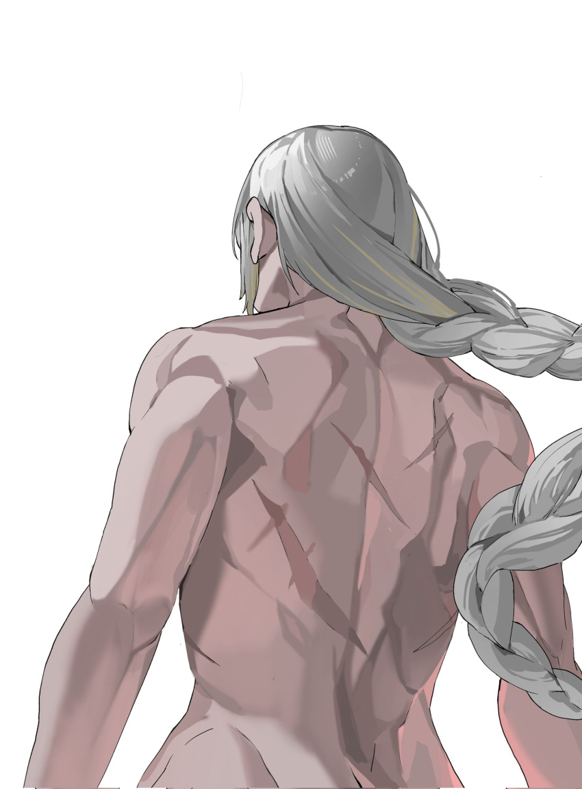 abs back girls'_frontline highres long_hair m16a1_(boss)_(girls'_frontline) m16a1_(girls'_frontline) multicolored_hair muscular muscular_female scar solo upper_body white_background white_hair yongsadragon