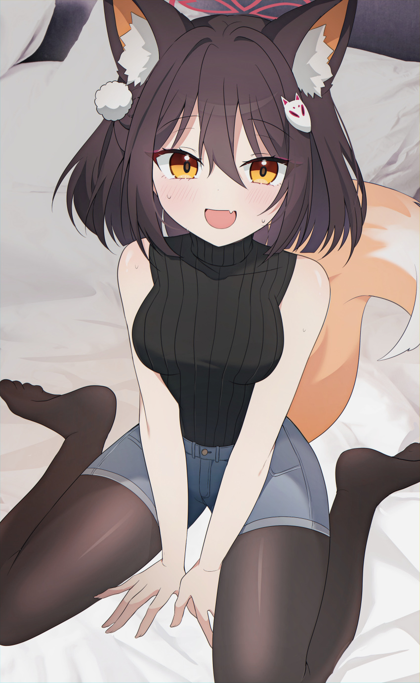 1girl absurdres alternate_costume animal_ear_fluff animal_ears bed bed_sheet black_hair black_pantyhose black_sweater blue_archive blue_shorts blush breasts fang fox_ears fox_tail hair_between_eyes halo highres izuna_(blue_archive) looking_at_viewer open_mouth pantyhose pillow red_halo ribbed_sweater seno_(senohime) short_hair shorts sitting skin_fang sleeveless sleeveless_sweater small_breasts solo sweater tail wariza yellow_eyes