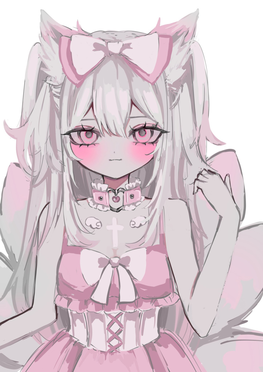 1girl animal_ear_fluff animal_ears bare_shoulders blush border bow closed_mouth collar cross dress fox_ears fox_girl fox_tail frilled_collar frilled_dress frills hair_between_eyes hair_bow hand_up highres latin_cross limited_palette long_hair looking_at_viewer multiple_tails original pink_bow pink_collar pink_dress pink_eyes shiona_(siona0625) simple_background sleeveless sleeveless_dress solo straight-on tail upper_body white_background white_border wing_ornament