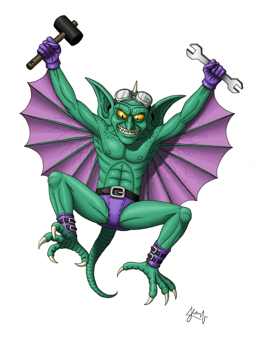 absurd_res belt big_ears clothed clothing doctorchevlong eyewear goggles green_body gremlin grin hi_res male nipples smile solo talons tools topless wrench yellow_eyes