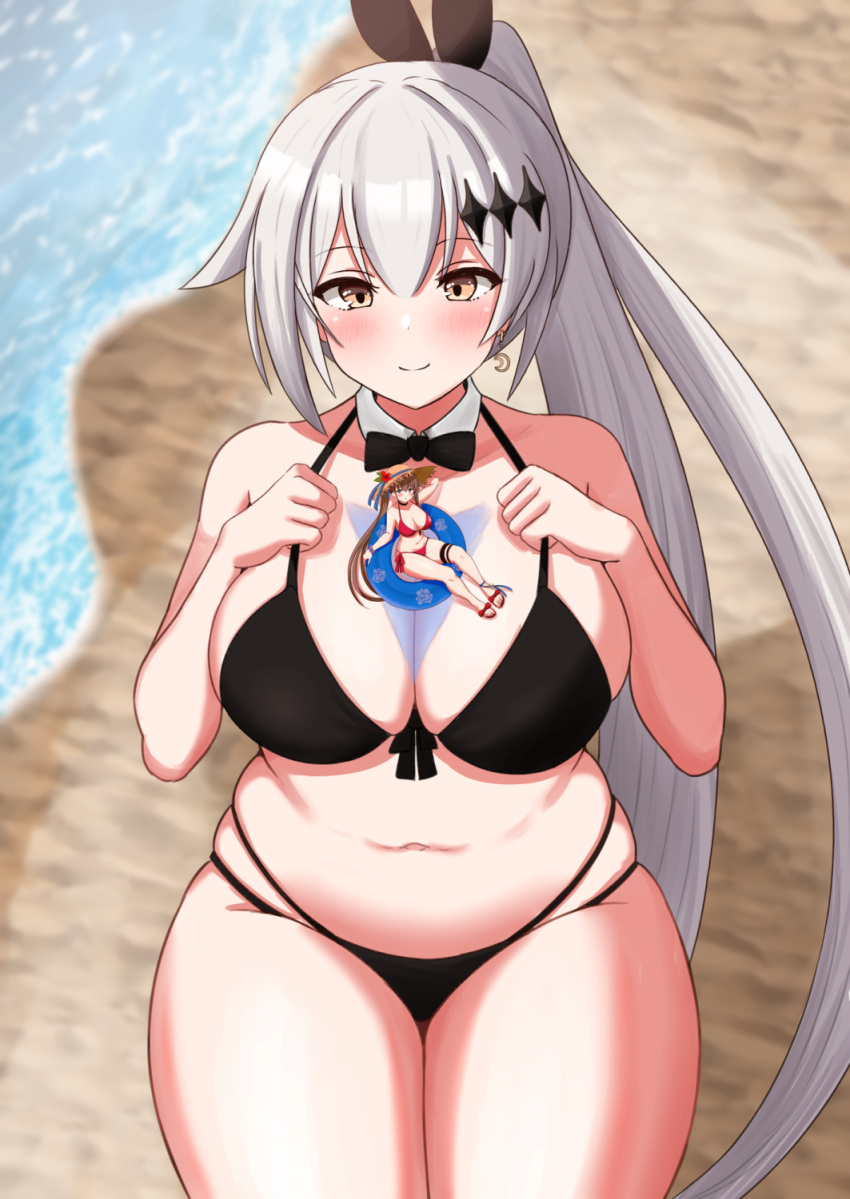 2girls afloat breasts fal_(girls'_frontline) five-seven_(girls'_frontline) giant giantess girls'_frontline highres large_breasts long_hair multiple_girls ocean sand sukoyugiri swimsuit white_hair