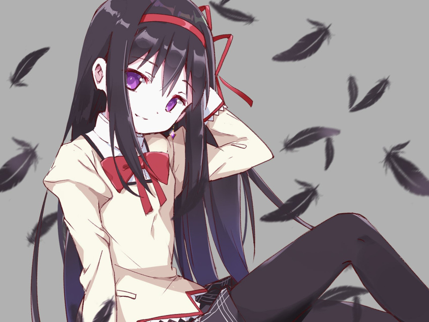 1girl akemi_homura black_feathers black_hair black_pantyhose black_skirt bow bowtie commentary_request falling_feathers feathers flat_chest grey_background hair_between_eyes hair_ribbon hairband hand_on_own_head hand_up head_tilt highres juliet_sleeves knees_up long_sleeves looking_at_viewer mahou_shoujo_madoka_magica mahou_shoujo_madoka_magica_(anime) pantyhose plaid plaid_skirt puffy_sleeves purple_eyes red_bow red_bowtie red_hairband red_ribbon ribbon shirt sidelocks sitting skirt smile solo straight_hair tsubaki_(tatajd) yellow_shirt