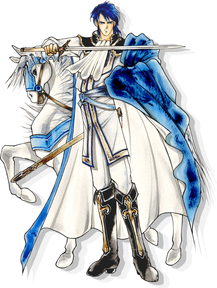 1boy absurdres artist_request black_footwear blue_hair coat fire_emblem fire_emblem:_genealogy_of_the_holy_war full_body highres holding holding_weapon horse looking_at_viewer official_art outstretched_arm pants shadow sigurd_(fire_emblem) solo standing two-tone_cape weapon white_coat white_pants