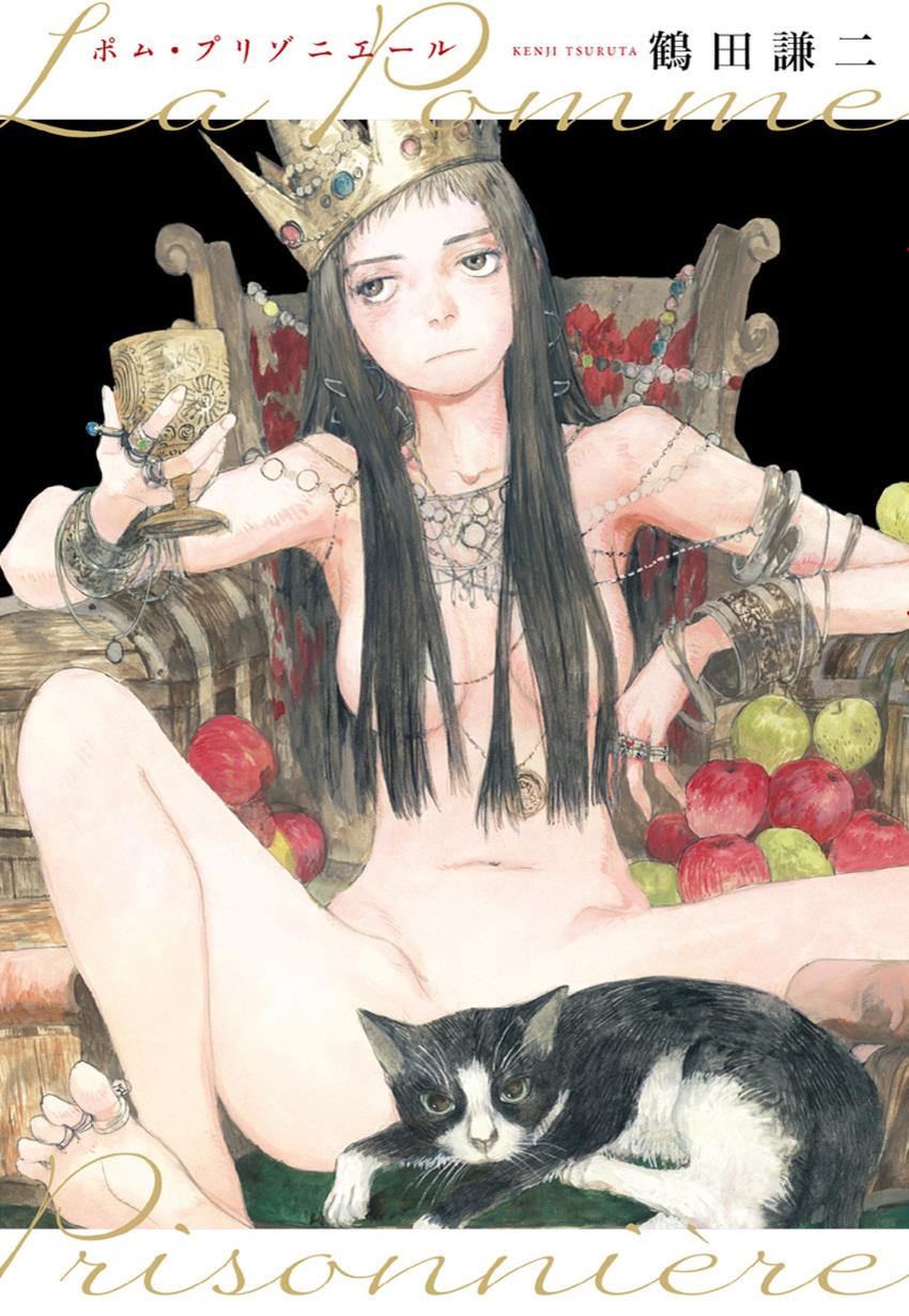1girl absurdres apple artist_name black_hair book bracelet cat convenient_censoring copyright_name cover cover_page crown cup expressionless food fruit hair_censor highres holding holding_cup jewelry la_pomme_prisonniere long_hair looking_to_the_side multiple_bracelets multiple_rings necklace official_art on_chair ring sitting spread_legs tsuruta_kenji