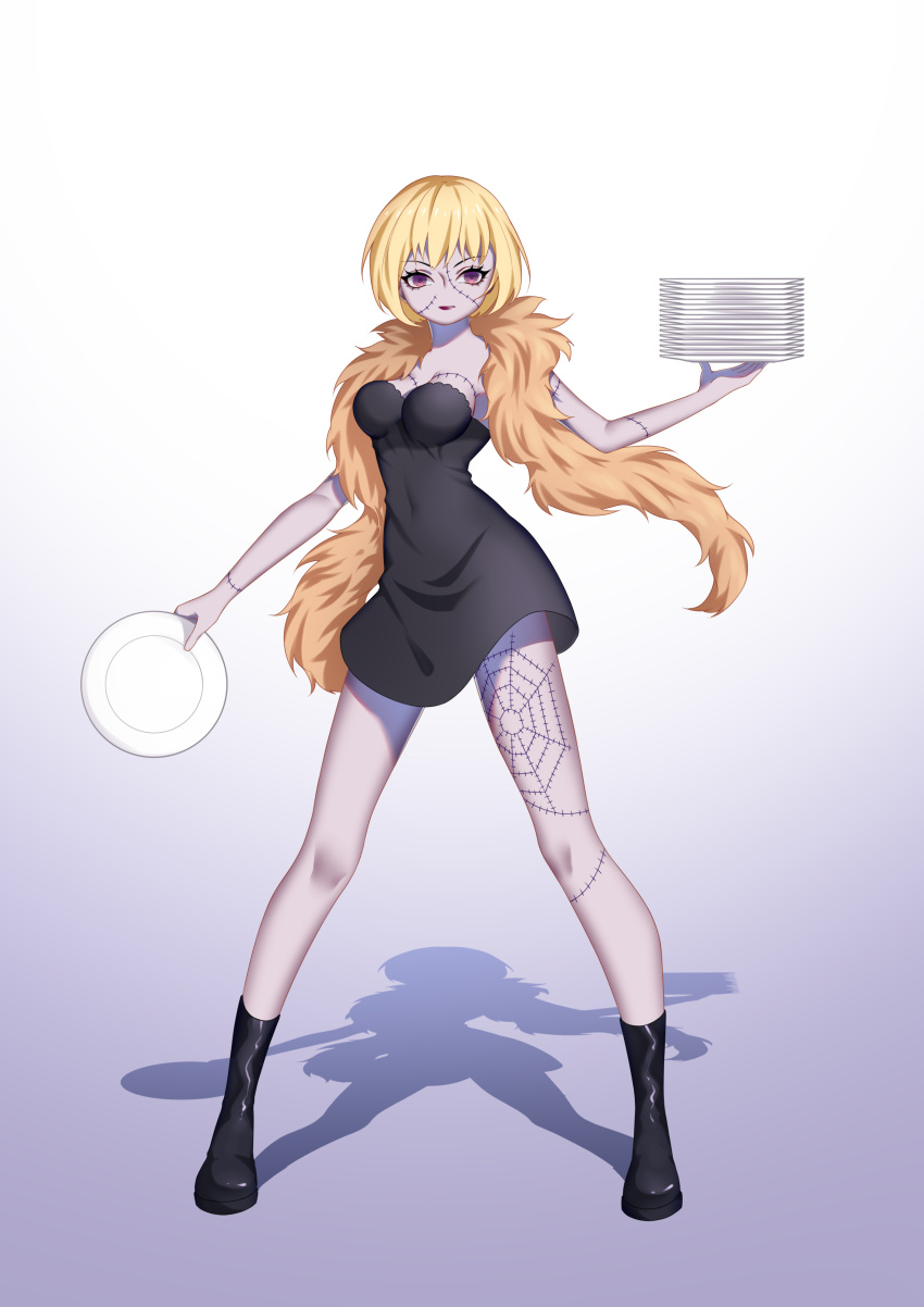 1girl absurdres blonde_hair boots feather_boa gradient_background highres holding holding_plate koshikun looking_at_viewer one_piece plate purple_background purple_eyes scar shadow short_hair simple_background solo victoria_cindry white_background