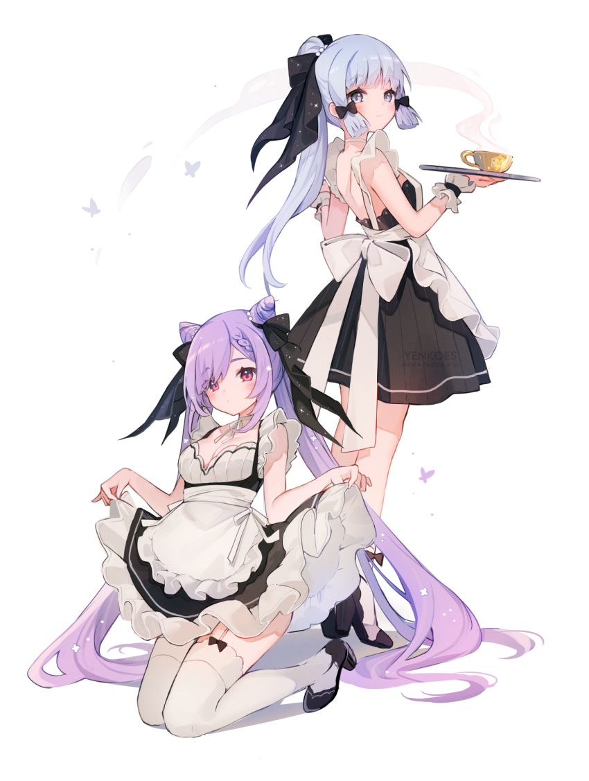 2girls apron aqua_eyes bangs black_footwear blush breasts clothes_lift cup genshin_impact hair_ornament highres holding holding_tray kamisato_ayaka keqing_(genshin_impact) light_blue_hair long_hair looking_at_viewer maid maid_apron multiple_girls ponytail purple_eyes purple_hair simple_background skirt skirt_lift smile teacup thighhighs tray twintails very_long_hair waitress white_background wrist_cuffs yenkoes