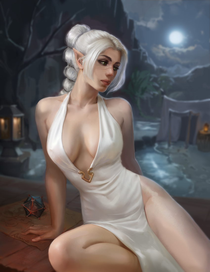 1girl absurdres arm_support baldur's_gate baldur's_gate_3 bare_arms bare_shoulders braid breasts closed_mouth dress dungeons_and_dragons groin highres large_breasts long_hair moon night no_bra official_alternate_hair_color outdoors pointy_ears rainardaart shadowheart_(baldur's_gate) shiny_skin sitting solo white_dress white_hair