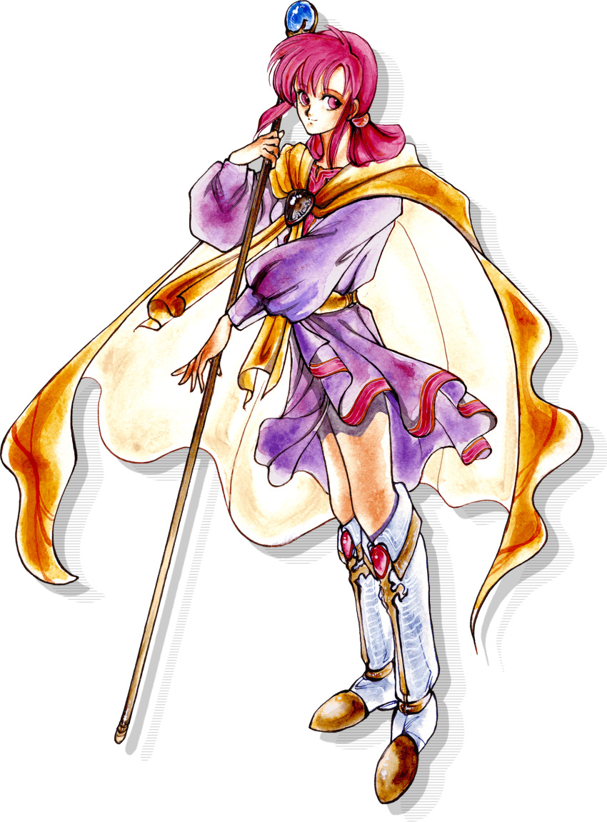 1girl artist_request brooch cape dress ethlyn_(fire_emblem) fire_emblem fire_emblem:_genealogy_of_the_holy_war full_body highres holding holding_staff jewelry looking_at_viewer official_art outstretched_arm pink_eyes pink_hair purple_dress smile solo staff standing white_footwear yellow_cape