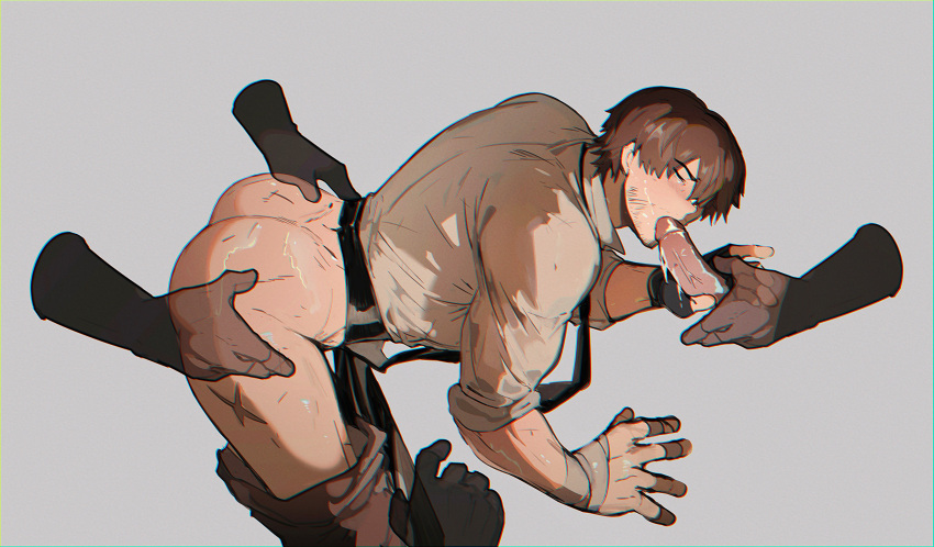 5boys absurdres adventurer_(ff14) ass bandaged_hand bandages bara brown_hair brown_pants brown_shirt closed_eyes clothes_pull collared_shirt cum erection fellatio final_fantasy final_fantasy_xiv grey_background hand_on_another's_ass highres male_focus multiple_boys muscular muscular_male oral pants pants_pull penis scar scar_on_leg shirt short_hair simple_background uselessdut warrior_of_light_(ff14) yaoi