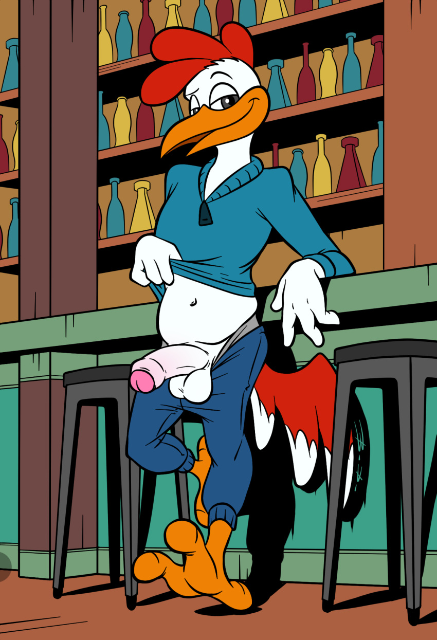 2022 3_toes 4_fingers anthro avian avian_caruncle balls barefoot bartender bassybefuddle beak big_penis bird black_pupils blue_bottomwear blue_clothing blue_pants blue_sweater blue_topwear bottomwear bottomwear_down chicken chubby_anthro chubby_male clothed clothing comb_(anatomy) disney erection eyebrows feathers feet fingers foreskin galliform gallus_(genus) genitals glans grey_clothing grey_eyes grey_underwear head_crest hi_res humanoid_genitalia humanoid_penis male orange_beak pants pants_down partially_clothed penis phasianid pink_glans presenting presenting_penis pupils raised_clothing raised_eyebrow raised_shirt raised_topwear red_body red_feathers shirt solo sweater talons toes topwear underwear white_balls white_penis ze_galo