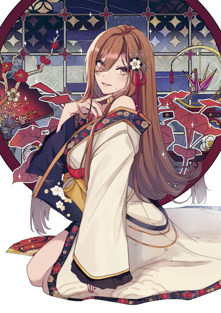 1girl brown_eyes brown_hair brown_kimono cherry_blossom_print commentary_request crescent_moon finger_to_own_chin floral_print flower hair_between_eyes hair_flower hair_ornament highres index_finger_raised japanese_clothes kawaranu_atatakasa_no_tonari_de_(project_sekai) kimono leo/need_meiko long_hair looking_at_viewer meiko_(vocaloid) moon muntins off_shoulder official_alternate_costume official_alternate_hair_length official_alternate_hairstyle origami paper_crane parted_lips project_sekai red_nails round_window seiza sitting smile solo stained_glass vocaloid white_background white_flower window yen-mi