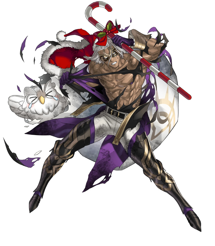 1boy abs bird bruno_(winter)_(fire_emblem) cameo candy candy_cane clenched_teeth dark-skinned_male dark_skin feh_(fire_emblem_heroes) fire_emblem fire_emblem_heroes food gloves gold gold_trim grey_hair hat highres holding holding_candy holding_candy_cane holding_food holding_sack muscular muscular_male non-web_source official_alternate_costume official_art owl purple_gloves sack santa_costume santa_hat solo teeth topless_male torn_clothes