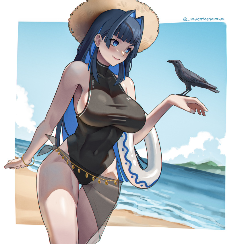 1girl arm_at_side bangle bare_arms bare_shoulders beach bird bird_on_hand black_hair black_one-piece_swimsuit blue_eyes blue_hair blue_sky blunt_bangs blush border bracelet breasts casual_one-piece_swimsuit closed_mouth cloud colored_inner_hair commentary covered_navel cowboy_shot crow day dutch_angle english_commentary hair_intakes halterneck hand_up hat highleg highleg_swimsuit highres hololive hololive_english horizon innertube jewelry large_breasts long_hair looking_at_animal mountain multicolored_hair ocean one-piece_swimsuit ouro_kronii outdoors outside_border sarong see-through_sarong seventeencrows shore sideboob sky smile solo standing straw_hat swim_ring swimsuit taut_clothes taut_swimsuit thigh_gap twitter_username two-tone_hair very_long_hair virtual_youtuber water white_border