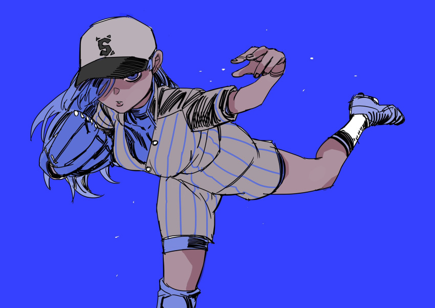 1girl ado_(utaite) baseball_cap baseball_mitt blue_background blue_eyes blue_footwear blue_hair breasts cloud_nine_inc empty_eyes floating_hair foot_out_of_frame hair_over_one_eye hat highres knee_pads kneehighs large_breasts looking_at_viewer mushroom_(osh320) one_eye_covered parted_lips pinstripe_pattern pitching raglan_sleeves readymade_(ado) serious shoes short_jumpsuit short_sleeves simple_background single_knee_pad sketch socks solo standing standing_on_one_leg striped utaite white_socks