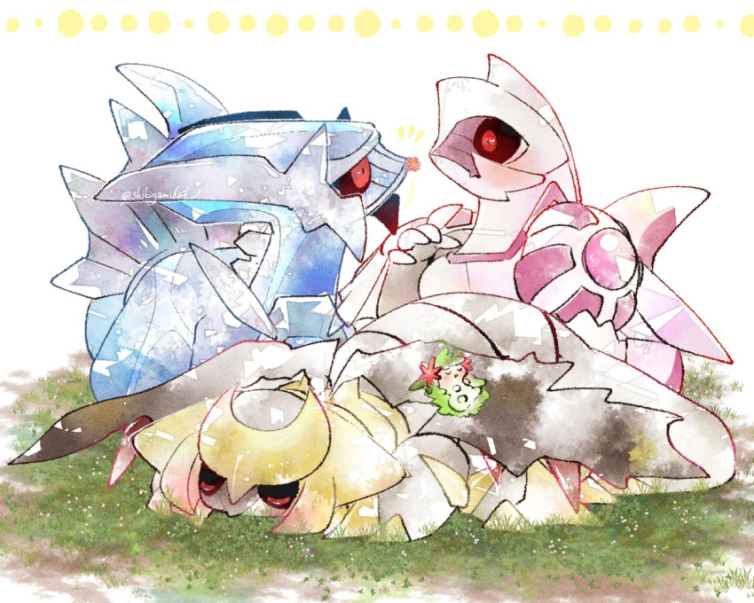 animal_focus artist_name black_sclera blue_skin closed_eyes colored_sclera colored_skin commentary_request dialga flower giratina giratina_(altered) green_hair lying naoto_(shion) no_humans notice_lines on_grass on_stomach palkia pokemon pokemon_(creature) red_eyes shaymin shaymin_(land) sleeping twitter_username white_background white_skin