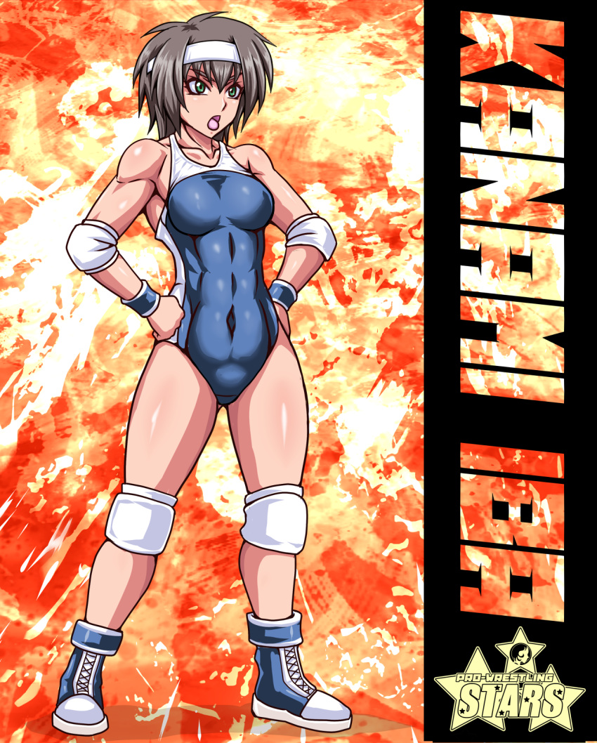 1girl :o abs angry bare_hips bare_shoulders blue_footwear blue_wristband breasts brown_hair character_name collarbone competition_swimsuit covered_navel elbow_pads green_eyes headband highres iba_kanami knee_pads logo medium_breasts muscular muscular_female one-piece_swimsuit original promo_poster shiny_skin solo star_(symbol) swimsuit taroimo_(00120014) toned tongue tongue_out two-tone_swimsuit white_headband wrestling wrestling_boots wrestling_outfit wristband