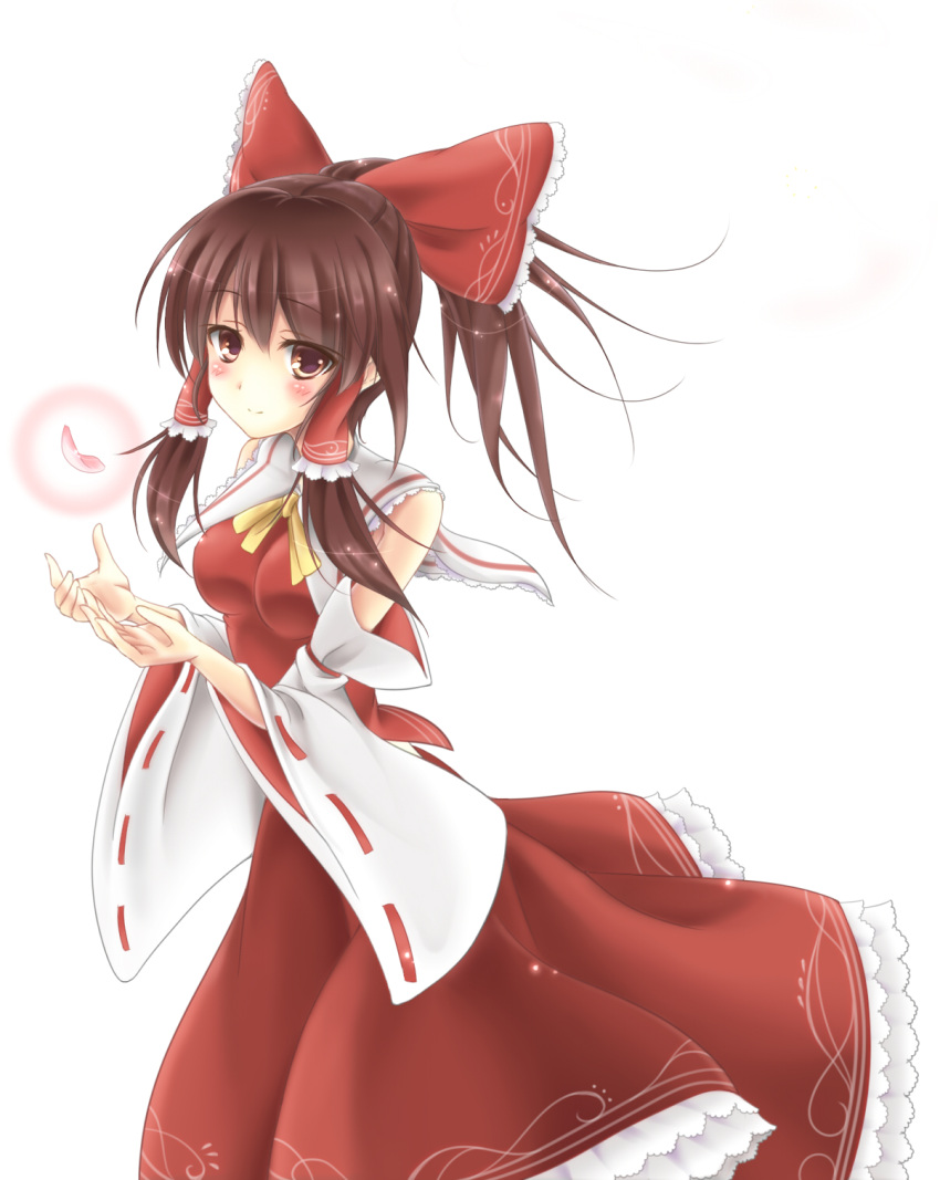 1girl ascot blush bow breasts brown_eyes brown_hair closed_mouth detached_sleeves falling_petals frilled_bow frilled_hair_tubes frills glowing hair_bow hair_tubes hakurei_reimu highres kirieroido_iii long_hair looking_at_viewer petals red_bow red_skirt ribbon-trimmed_sleeves ribbon_trim simple_background skirt skirt_set smile solo touhou white_background yellow_ascot