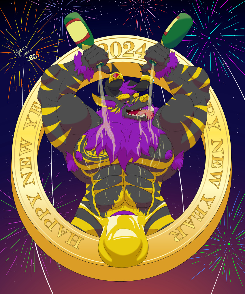 absurd_res anthro armpit_hair body_hair champagne_bottle chest_tattoo fireworks fur hi_res holidays horn horn_jewelry horn_ring hyenaradley jewelry looking_at_viewer male mane muscular muscular_male new_year ring_(jewelry) solo striped_body striped_fur stripes tattoo