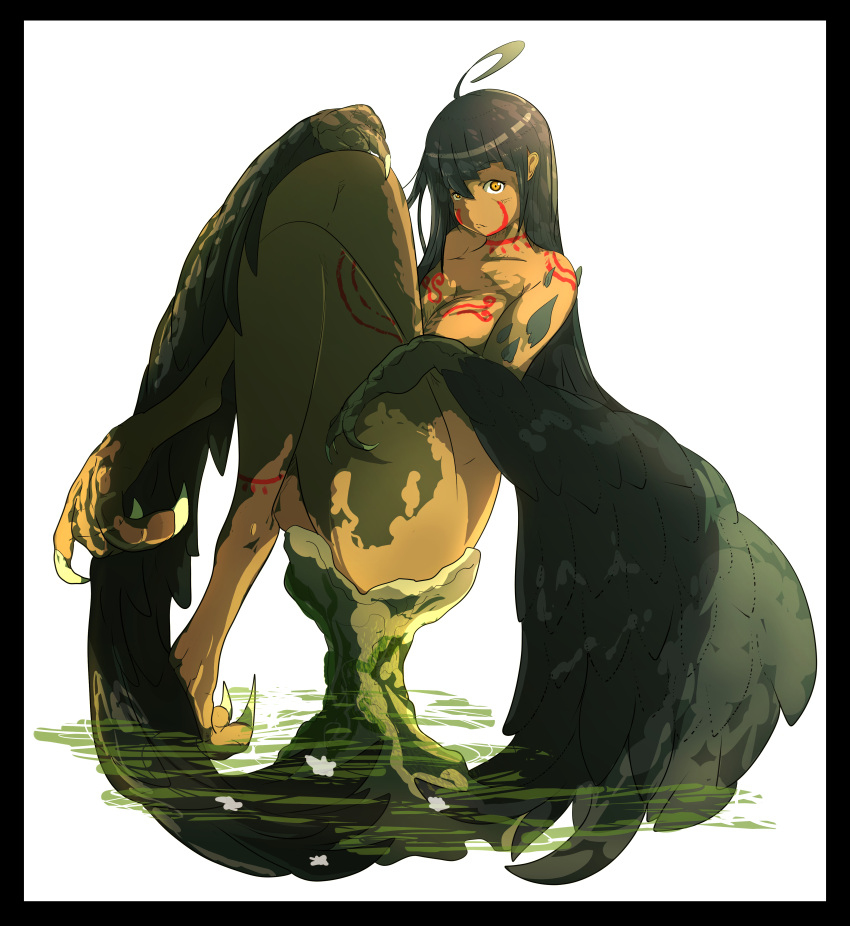 1girl absurdres ahoge ankle_tattoo bird_legs black_feathers black_hair black_wings breast_tattoo breasts claws commentary_request dark-skinned_female dark_skin facial_tattoo feathers harpy highres hinekure-boy large_breasts long_hair monster_girl neck_tattoo nude orange_hair original shoulder_tattoo sitting solo talons tattoo thick_thighs thighs white_background wings