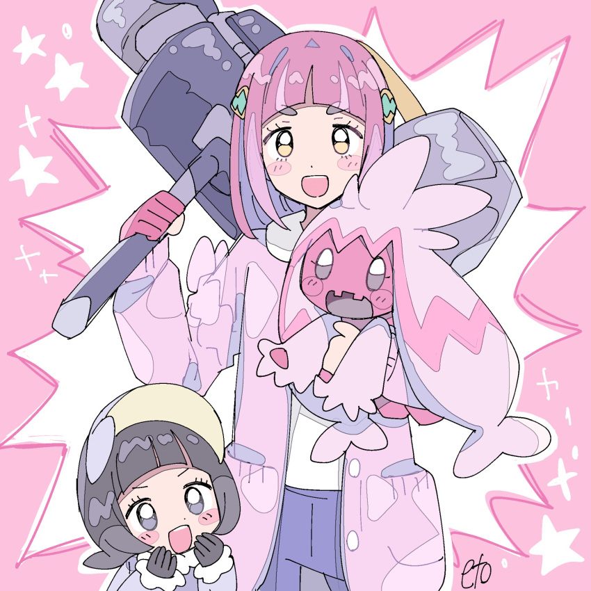 2girls arched_bangs black_gloves black_hair bright_pupils brown_eyes colored_skin eyelashes gloves grey_eyes hair_ornament hairclip hammer highres holding holding_hammer holding_pokemon lacey_(pokemon) multiple_girls open_mouth pink_background pink_hair pink_skin pokemon pokemon_(creature) pokemon_sv poppy_(pokemon) remoooon smile sparkle standing star_(symbol) thick_eyebrows tinkaton