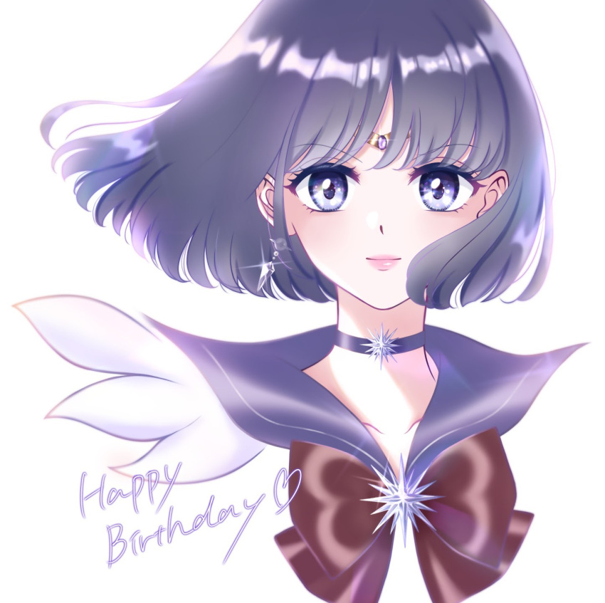 1girl bishoujo_senshi_sailor_moon black_hair bow brooch brown_bow choker circlet earrings happy_birthday highres jewelry light_smile looking_at_viewer magical_girl pink_lips portrait purple_choker purple_eyes purple_sailor_collar sailor_collar sailor_saturn sailor_senshi_uniform short_hair simple_background solo star_(symbol) star_brooch star_choker straight-on tomoe_hotaru tsumagari_yuki upper_body white_background