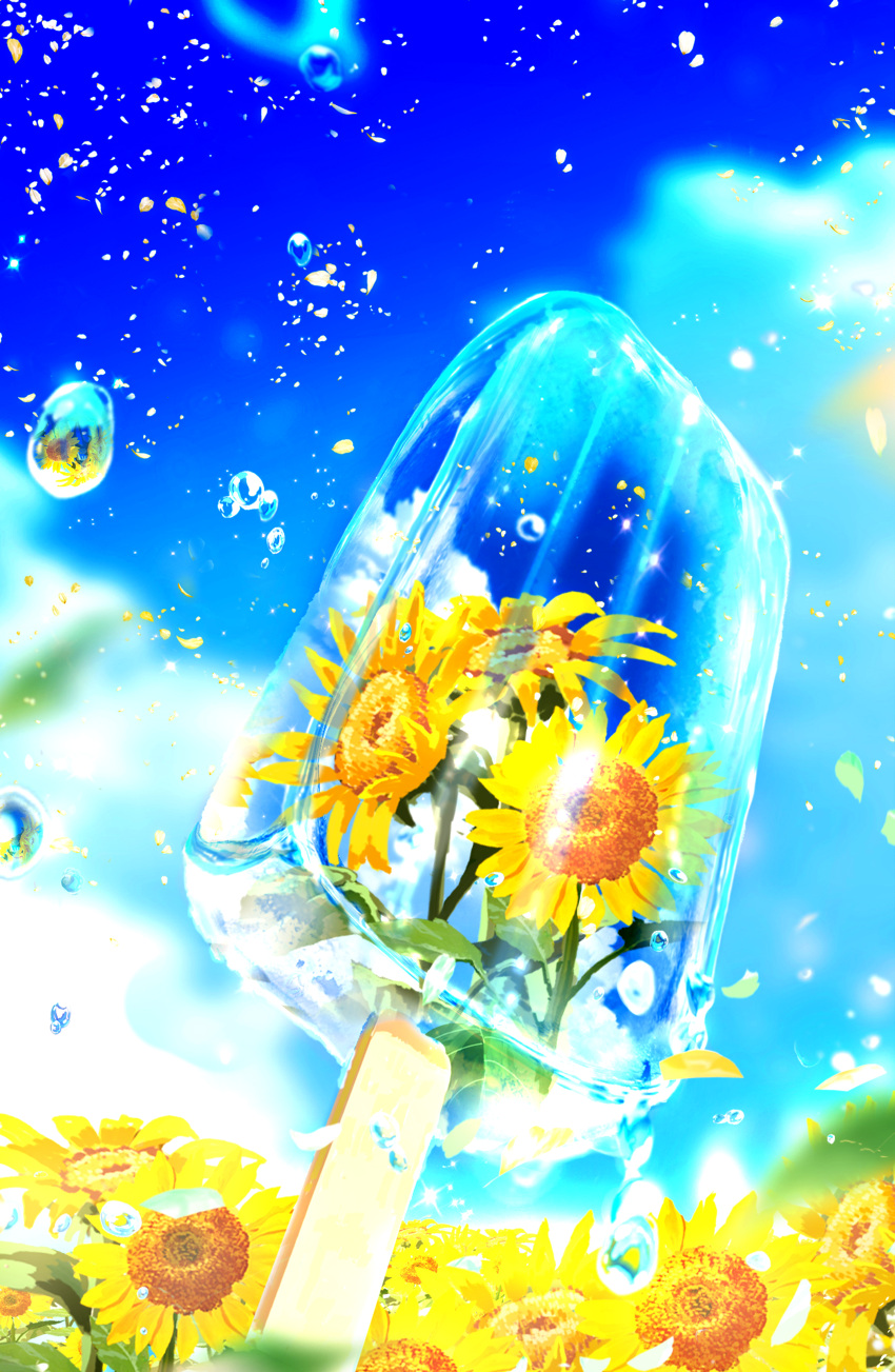 absurdres blurry blurry_background bubble cloud cloudy_sky day falling_petals field flower flower_field food highres ice_cream makoron117117 nature no_humans original outdoors petals reflection reflective_water scenery sky summer sunflower sunflower_petals water wood