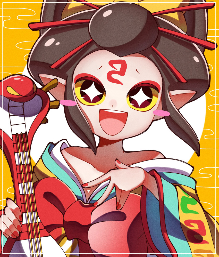 1girl bare_shoulders black_hair blush_stickers colored_sclera egasumi highres japanese_clothes kimono looking_at_viewer nihongami off_shoulder oiran_(youkai_watch) open_mouth pipiko. pointy_ears red_nails solo yellow_sclera youkai_(youkai_watch) youkai_watch