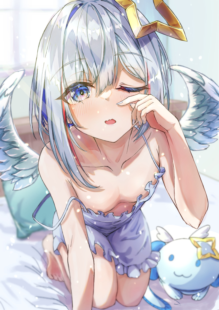 1girl amane_kanata angel angel_wings bare_shoulders barefoot blue_eyes blue_hair camisole collarbone colored_inner_hair flat_chest grey_hair halo highres hololive multicolored_hair one_eye_closed open_mouth pillow qussie short_hair solo star_halo strap_slip upao_(amane_kanata) virtual_youtuber waking_up wings