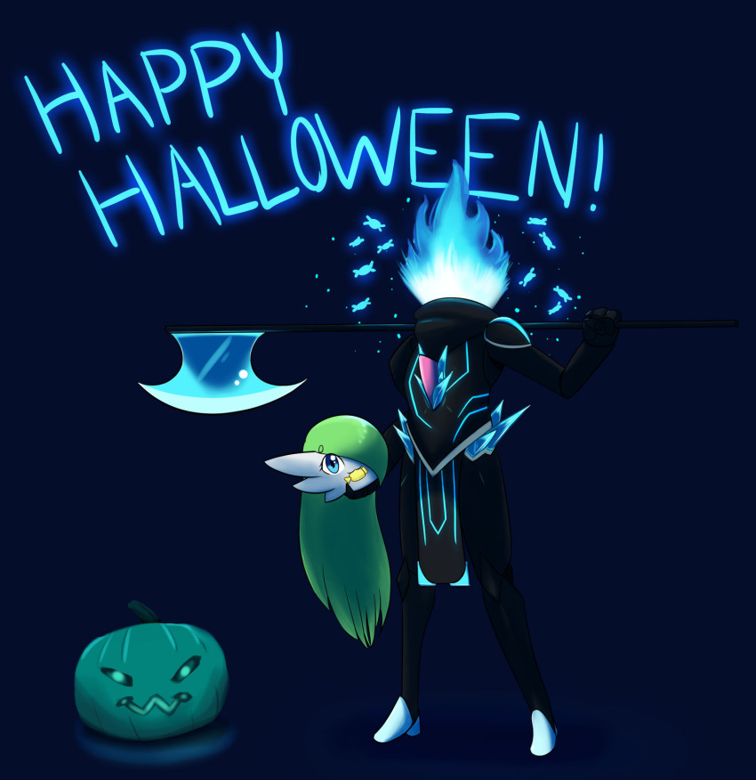 2020 axe_over_shoulder blue_eyes candy cybernetics cyborg dessert disembodied_head dullahan eating_candy english_text female fire food gardevoir green_hair hair hair_over_eye halloween halloween_costume happy_halloween hi_res holidays humanoid jack-o'-lantern kamina_(kordcross) kordcross long_hair machine nintendo not_furry one_eye_obstructed pok&eacute;mon pok&eacute;mon_(species) solo text video_games weapon_on_shoulder