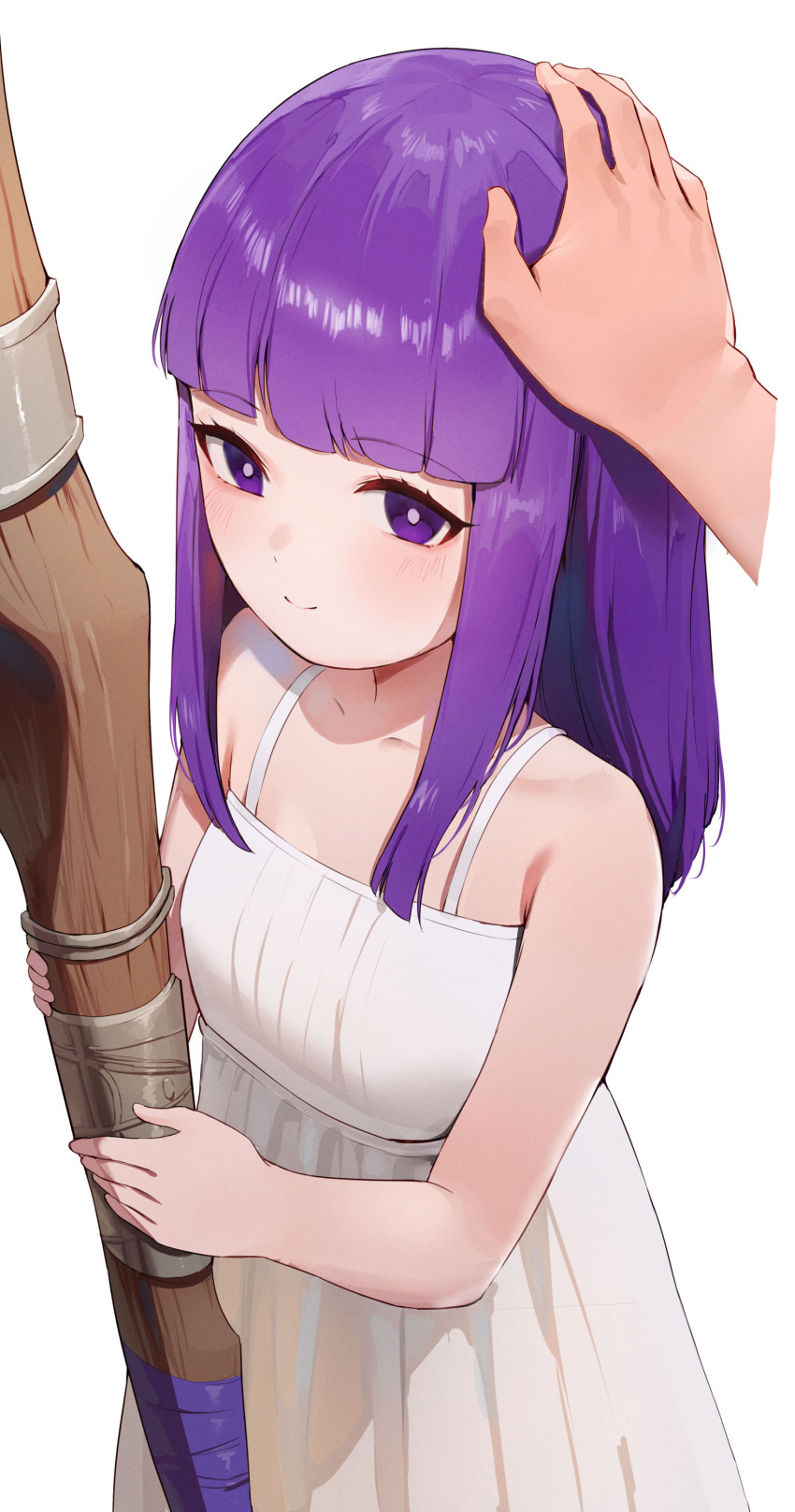 1girl absurdres aged_down bare_shoulders blunt_bangs blush breasts disembodied_limb dress fern_(sousou_no_frieren) headpat highres long_hair looking_at_viewer purple_eyes purple_hair rororo sidelocks small_breasts solo sousou_no_frieren staff white_dress