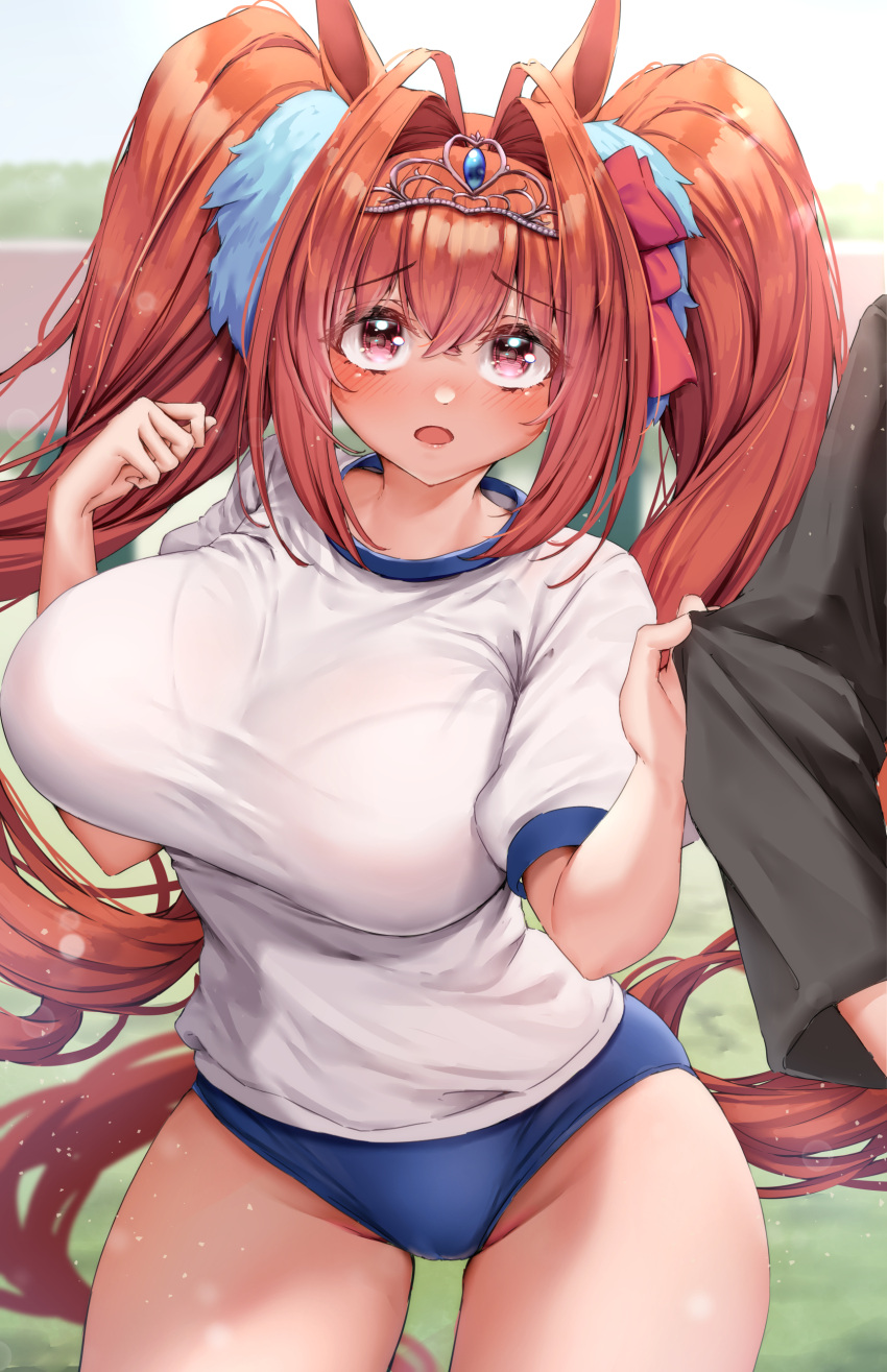 1girl absurdres animal_ears blue_buruma bra bra_visible_through_clothes bralines breasts brown_hair buruma cameltoe clothes_grab cowboy_shot crossed_bangs daiwa_scarlet_(umamusume) embarrassed groin gym_shirt gym_uniform hair_between_eyes hair_intakes hands_up highres horse_ears horse_girl horse_tail impossible_clothes impossible_shirt long_hair pink_eyes see-through see-through_shirt shirt short_sleeves sleeve_grab solo_focus tabunshake tail tiara twintails umamusume undersized_clothes underwear very_long_hair white_shirt