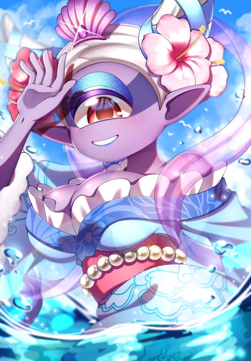 1girl bare_shoulders bird blue_sky breasts cloud colored_skin cyclops flower hair_flower hair_ornament highres japanese_clothes kimono large_breasts looking_at_viewer monster_girl off_shoulder one-eyed orange_eyes pipiko. pointy_ears purple_skin sky solo suirei_fuumin_diaochan water youkai_(youkai_watch) youkai_sangokushi youkai_watch