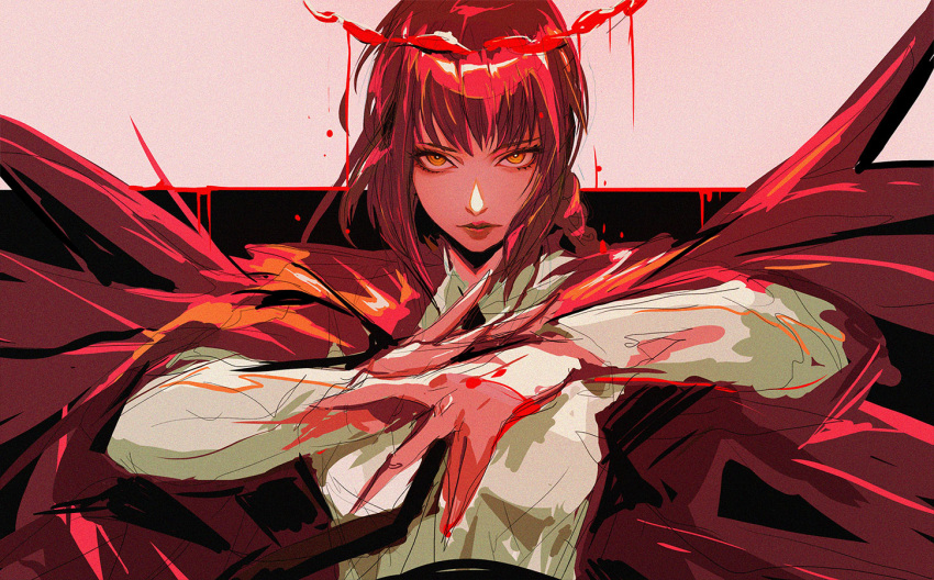 1girl black_necktie braid breasts cape chainsaw_man closed_mouth fingernails lips long_hair long_sleeves looking_at_viewer makima_(chainsaw_man) medium_breasts muju necktie orange_eyes red_cape red_hair ringed_eyes sharp_fingernails shirt sidelocks single_braid sketch solo upper_body white_shirt