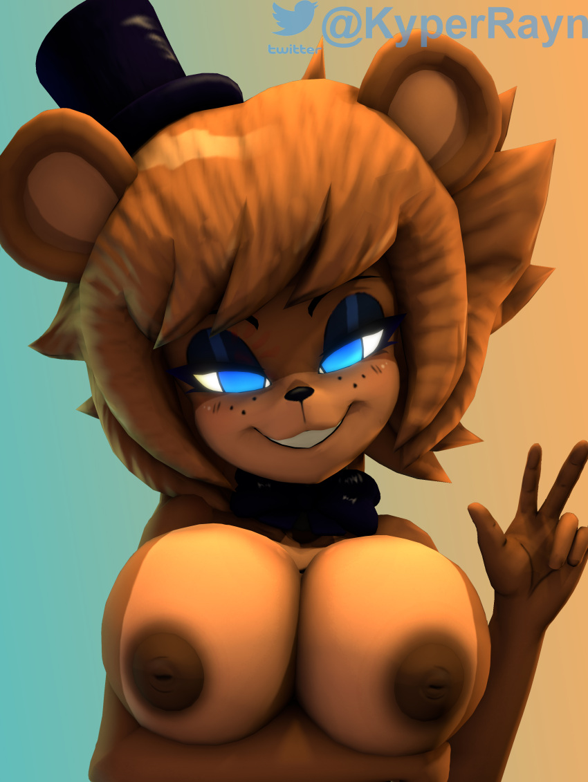 2023 3d_(artwork) absurd_res animatronic anthro bear bedroom_eyes big_breasts blue_eyes breasts brown_body brown_ears brown_fur brown_hair clothing digital_media_(artwork) female five_nights_at_freddy's freckles freckles_on_face freddy_(fnaf) fredina_(cally3d) fur gesture gradient_background green_background hair hat headgear headwear hi_res machine makeup mammal multicolored_body multicolored_fur narrowed_eyes nipples nude raynkyper robot scottgames seductive signature simple_background smile solo tan_background tan_body tan_fur tan_inner_ear text top_hat ursine v_sign