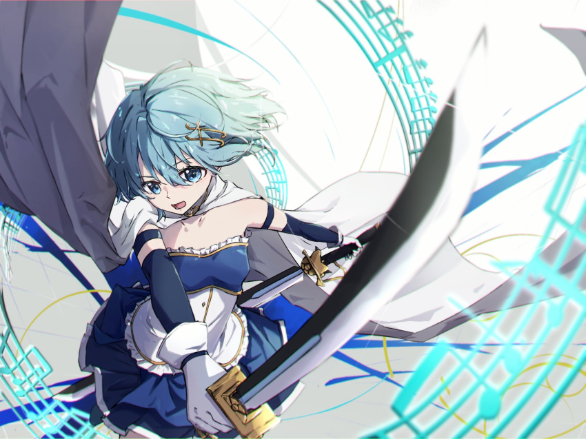 1girl bare_shoulders blue_eyes blue_hair cape cowboy_shot detached_sleeves dual_wielding fortissimo gloves hair_ornament highres holding holding_sword holding_weapon looking_at_viewer magical_girl mahou_shoujo_madoka_magica mahou_shoujo_madoka_magica_(anime) miki_sayaka musical_note musical_note_hair_ornament open_mouth short_hair simple_background smile solo strapless sword user_jjag2225 weapon white_background white_cape white_gloves