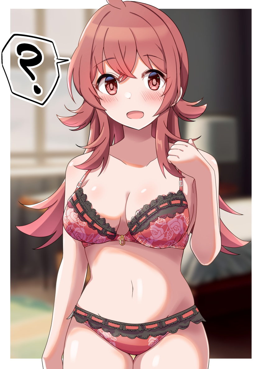 1girl ? absurdres bed bedroom blurry blurry_background blush bra breasts chair cleavage collarbone commentary_request cowboy_shot ginmugi highres idolmaster idolmaster_shiny_colors komiya_kaho lampshade long_hair looking_at_viewer medium_breasts messy navel open_mouth panties red_eyes red_hair shadow solo spoken_question_mark standing stomach sunlight underwear window