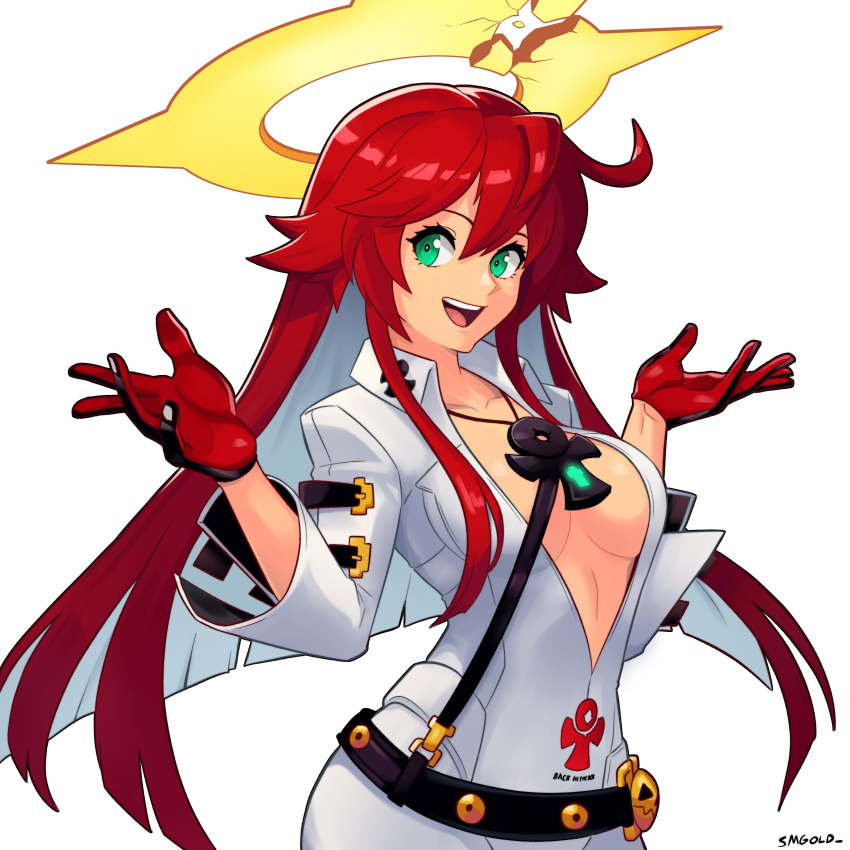 1girl absurdres ankh ankh_necklace belt black_gloves bodysuit breasts compass_rose_halo gloves green_eyes guilty_gear guilty_gear_strive hair_between_eyes halo highres jack-o'_valentine long_hair looking_at_viewer multicolored_hair open_mouth red_hair simple_background smgold smile solo teeth too_many_belts two-tone_hair upper_teeth_only white_bodysuit white_hair