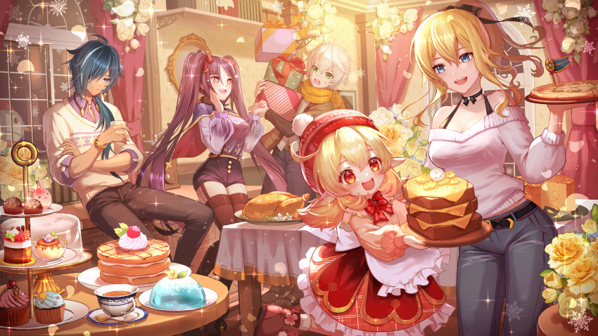 +_+ 2boys 3girls absurdres belt bennett_(genshin_impact) blonde_hair blue_hair cake commentary_request cup cupcake dark-skinned_male dark_skin desk dodoco_(genshin_impact) dress flower food genshin_impact gift glass green_eyes grey_pants hair_over_one_eye hat highres holding holding_cup holding_gift jacket jean_(genshin_impact) kaeya_(genshin_impact) klee_(genshin_impact) long_hair long_sleeves midriff mona_(genshin_impact) multicolored_hair multiple_boys multiple_girls nyansan_oekaki off-shoulder_sweater off_shoulder official_art pants pizza scarf snowman sweater table tea teacup turkey_(food) twintails white_sweater