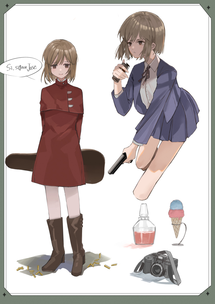 1girl absurdres blue_jacket blue_skirt bob_cut boots brown_eyes brown_footwear brown_hair brown_ribbon camera collared_shirt dress dress_shirt food gun gunslinger_girl handgun henrietta_(gunslinger_girl) highres holding holding_gun holding_weapon ice_cream ice_cream_cone jacket long_sleeves looking_at_viewer magazine_(weapon) nail_polish neck_ribbon red_dress ribbon school_uniform shell_casing shirt short_hair skirt smile solo teizen_(niwamaee) violin_case weapon white_shirt