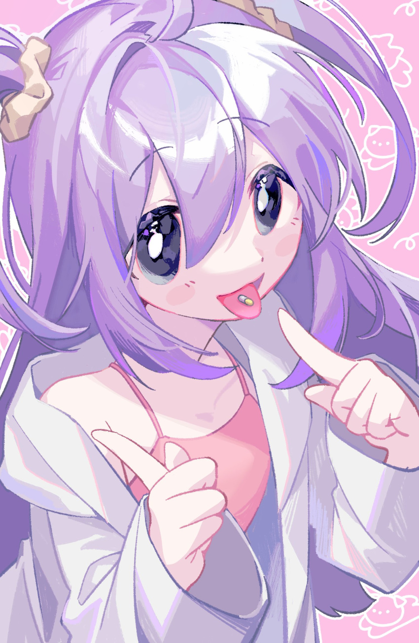 1girl :3 black_eyes blush_stickers bright_pupils camisole coat commentary_request du_dianhua_(kyoddao) hair_ornament hair_scrunchie hands_up highres index_fingers_raised lab_coat leaning_forward long_hair long_sleeves looking_at_viewer off_shoulder okusuri_nonde_neyou_(vocaloid) open_clothes open_coat outline pill_in_mouth pink_background pink_camisole purple_hair raised_eyebrows scrunchie solo spaghetti_strap tongue tongue_out two_side_up upper_body vocaloid white_coat white_outline white_pupils