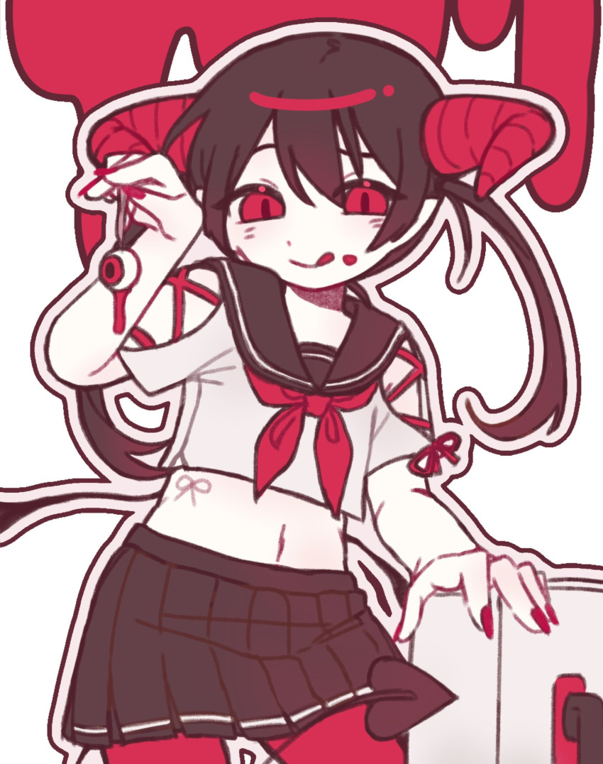 1girl :q akuma_!_(synthesizer_v) black_sailor_collar black_skirt blood blood_drip blood_on_face blush cai_(cabbage_0j0) chinese_commentary closed_mouth clothing_cutout commentary_request cowboy_shot cropped_shirt demon_girl demon_horns demon_tail fingernails hand_up highres holding_eyeball horns licking_lips long_hair looking_at_viewer midriff navel outline pantyhose pleated_skirt pointy_ears raised_eyebrow red_eyes red_nails red_pantyhose sailor_collar school_uniform serafuku sharp_fingernails shirt short_sleeves shoulder_cutout simple_background skirt slit_pupils smile solo standing synthesizer_v tail tongue tongue_out twintails white_background white_shirt