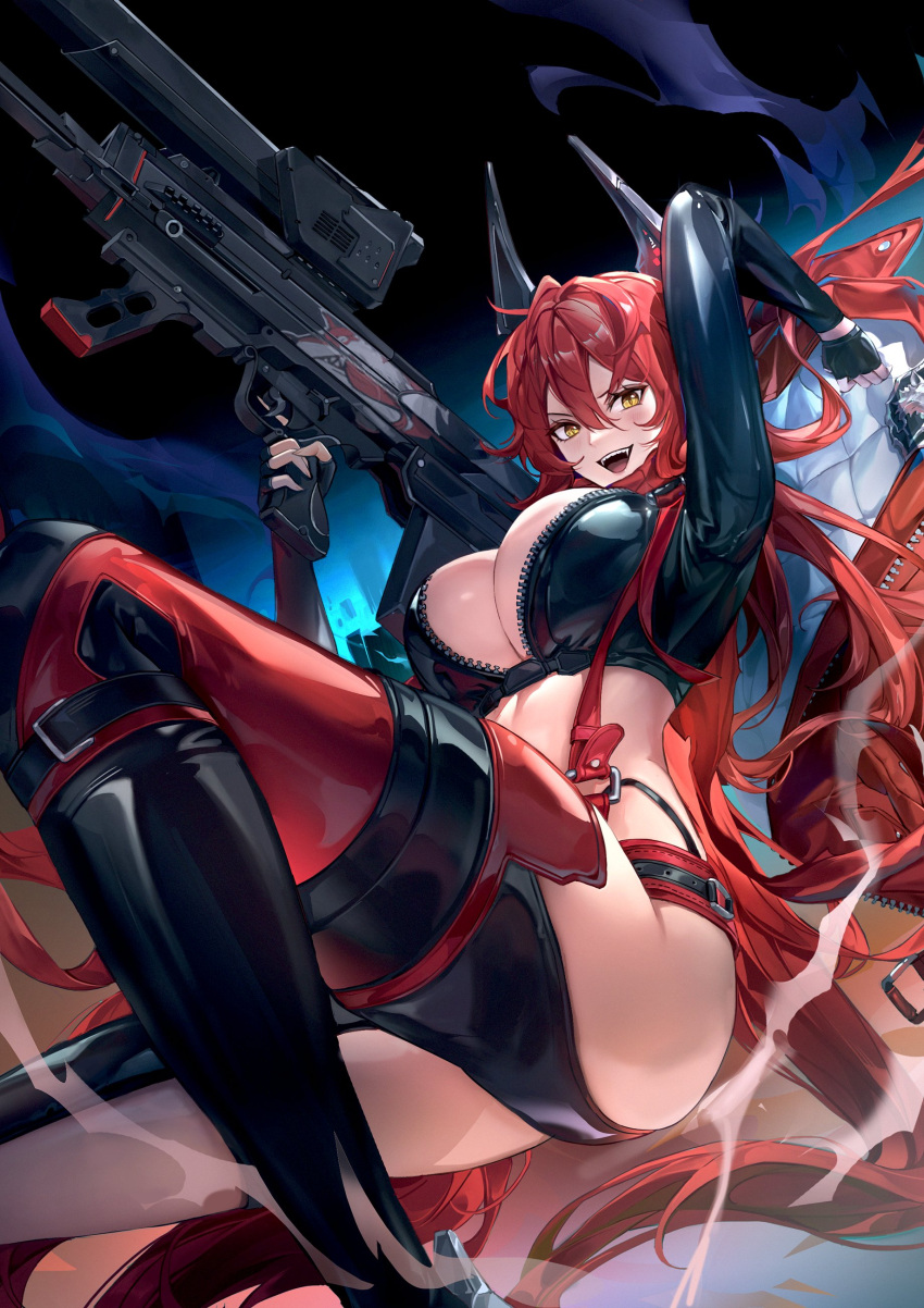 1girl absurdres black_horns breasts bullpup eru_(eru_illust) goddess_of_victory:_nikke gun hair_between_eyes highres holding holding_gun holding_weapon horns jacket large_breasts latex latex_bra latex_legwear long_hair looking_at_viewer mechanical_horns midriff open_clothes open_jacket open_mouth overalls red_hair red_hood_(nikke) red_jacket red_overalls revealing_clothes rifle sidelocks sniper_rifle solo teeth thighs very_long_hair weapon