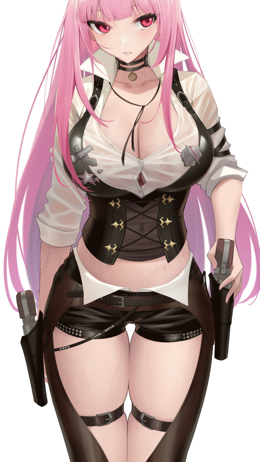 1girl absurdres breasts choker cleavage collared_shirt corset gun highres hololive hololive_english holster large_breasts long_hair midriff mori_calliope mori_calliope_(sheriff) pink_hair red_eyes sheriff_badge shirt shorts simple_background skindentation solo somebody_(leiking00) sweat thick_thighs thigh_strap thighs virtual_youtuber weapon wet wet_clothes wet_shirt white_background white_shirt