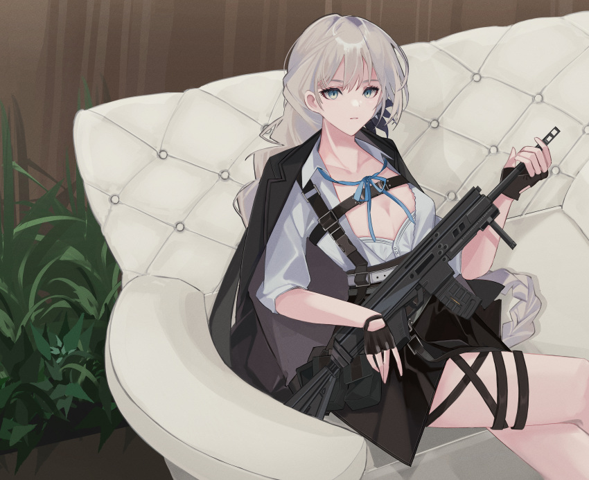 1girl absurdres apc556_(girls'_frontline) assault_rifle b&amp;t_apc556 black_jacket braid breasts chest_harness cleavage collared_shirt commission couch crossed_legs expressionless fingerless_gloves french_braid girls'_frontline gloves green_eyes grey_hair gun harness highres jacket jacket_on_shoulders long_hair neck_ribbon pixiv_commission ribbon rifle shirt sitting skirt solo teizen_(rkm8656) thigh_strap very_long_hair weapon white_shirt