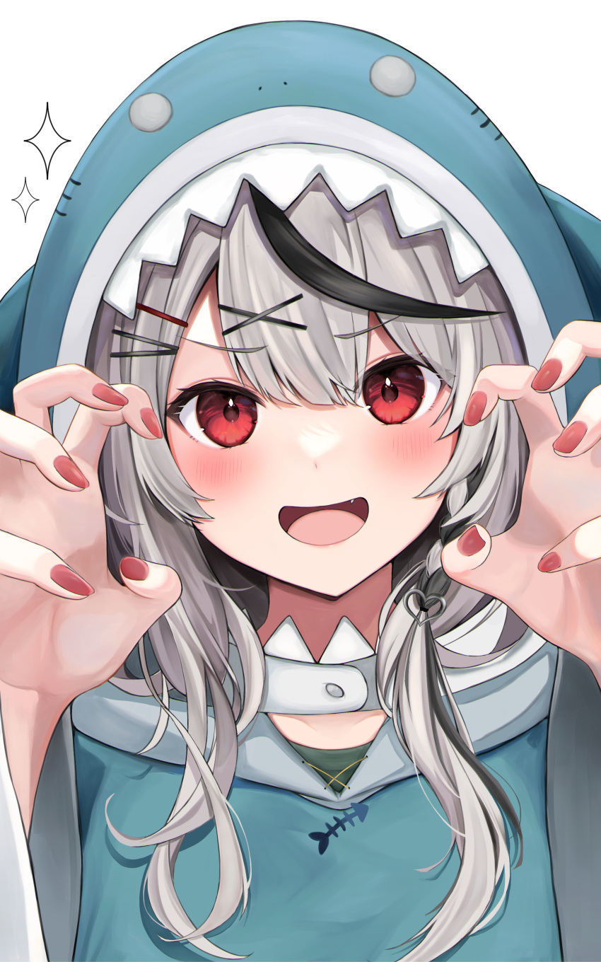 1girl absurdres animal_hood black_hair blue_hoodie blush braid claw_pose cosplay fang gawr_gura gawr_gura_(1st_costume) gawr_gura_(cosplay) grey_hair hair_ornament hairpin highres hololive hololive_english hood hoodie long_hair looking_at_viewer mameko_(mamemame81) multicolored_hair nail_polish open_mouth red_eyes red_nails sakamata_chloe shark_hood single_braid smile solo streaked_hair virtual_youtuber white_background x_hair_ornament