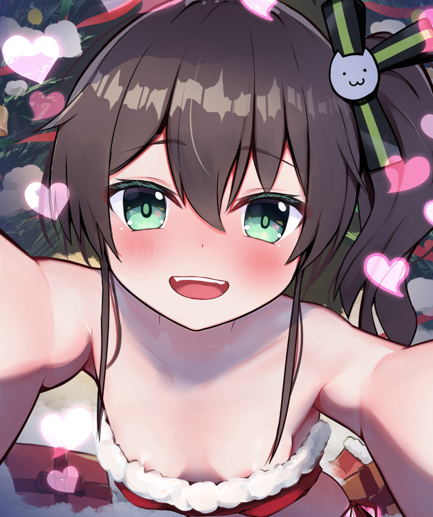 1girl :d absurdres areola_slip arms_up bare_arms bare_shoulders blush breasts cat_hair_ornament commentary_request crop_top fur-trimmed_shirt fur_trim gift green_eyes hair_between_eyes hair_ornament heart highres hololive long_hair looking_at_viewer natsuiro_matsuri ontake2009 open_mouth pov reaching reaching_towards_viewer red_shirt santa_costume shirt side_ponytail sidelocks small_breasts smile solo teeth upper_body upper_teeth_only virtual_youtuber